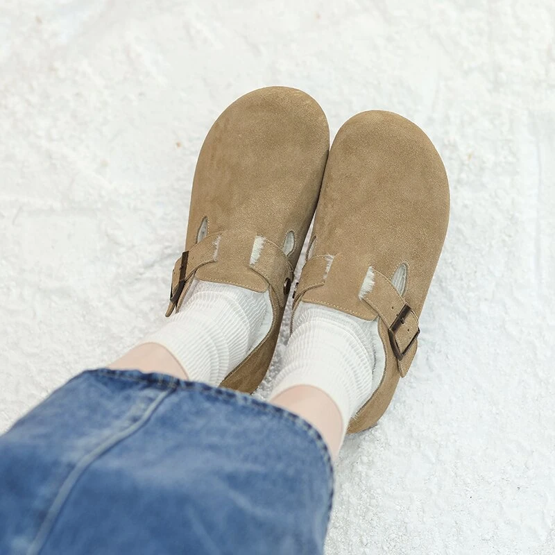 牛皮勃肯鞋女2025春秋季新款一脚蹬网红钓鱼全包博肯内增高单鞋子