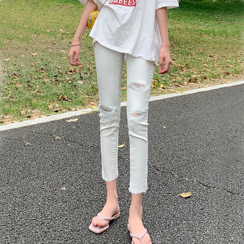 小个子八分裤女白色破洞牛仔裤女秋季弹力高腰小脚裤显瘦紧身裤子