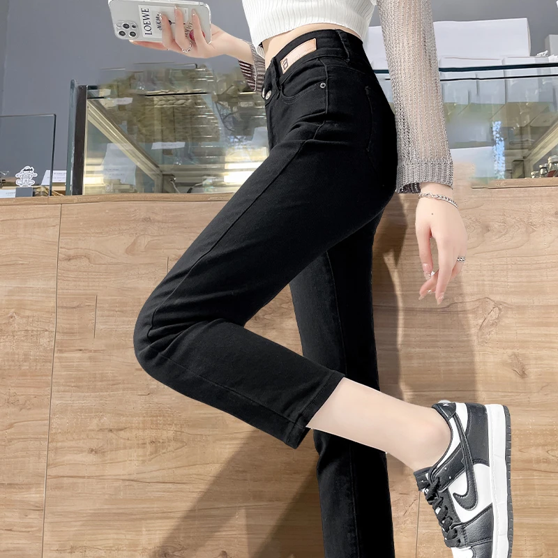 直筒九分裤黑色牛仔裤女薄款2025新款窄版矮个子烟管裤显腿长裤子