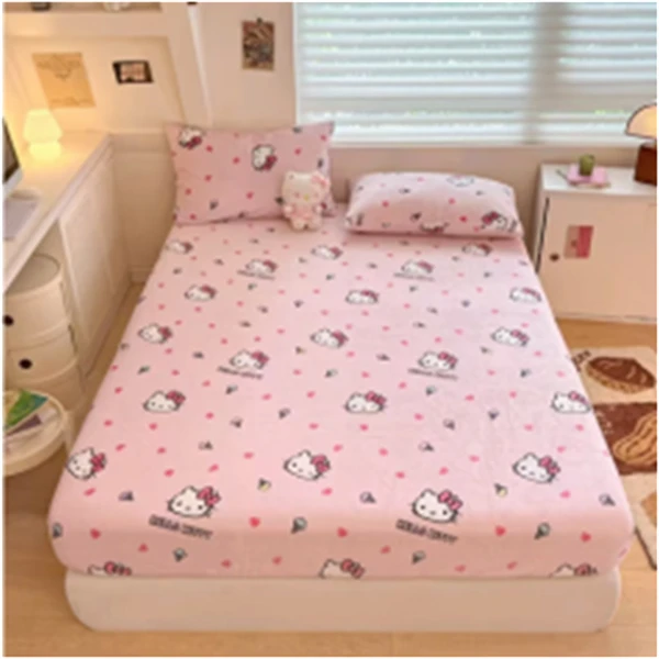 HELLO KITTY/凯蒂猫牛奶绒单床笠柔软舒适防滑防尘罩床加厚印花
