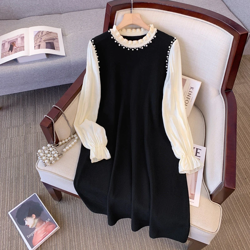 大码女装秋冬季新款长袖甜美重工钉珠假两件针织连衣裙女打底裙潮