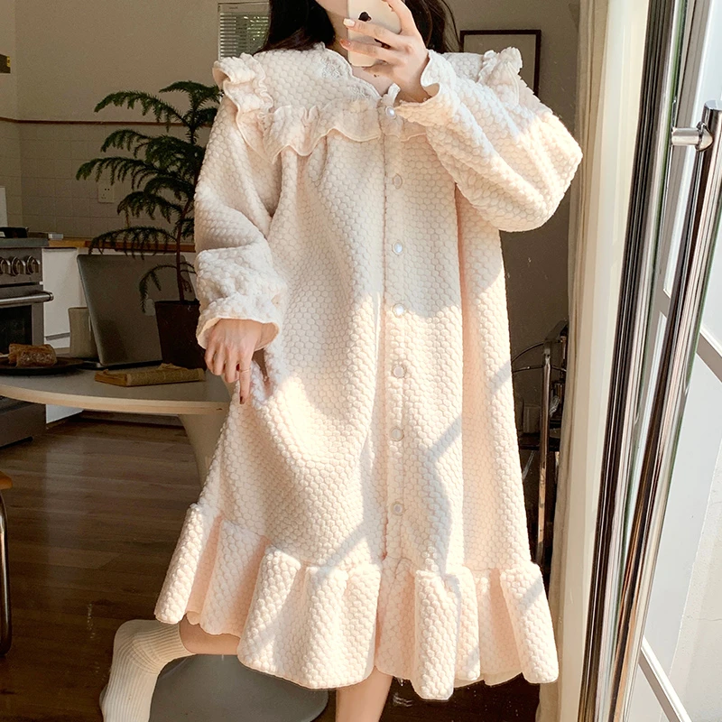 睡裙女秋冬季珊瑚绒加厚睡袍长款保暖法兰绒公主风孕妇睡衣家居服