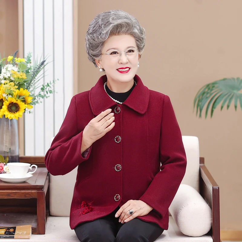 奶奶秋冬加绒加厚毛呢外套中老年人女妈妈装翻领上衣60岁80老太太