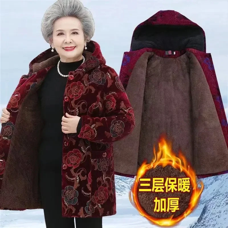 老年人冬装女中长款棉服60岁90奶奶装外穿棉衣老太太加厚连帽棉袄