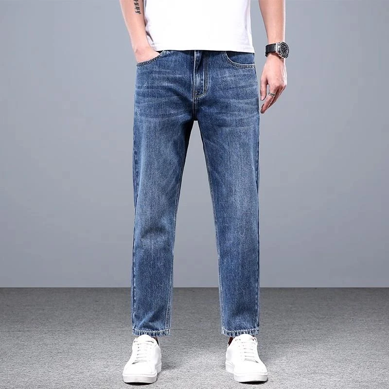 高端纯棉牛仔裤男士夏季薄款宽松直筒长裤潮流百搭时尚中腰九分裤
