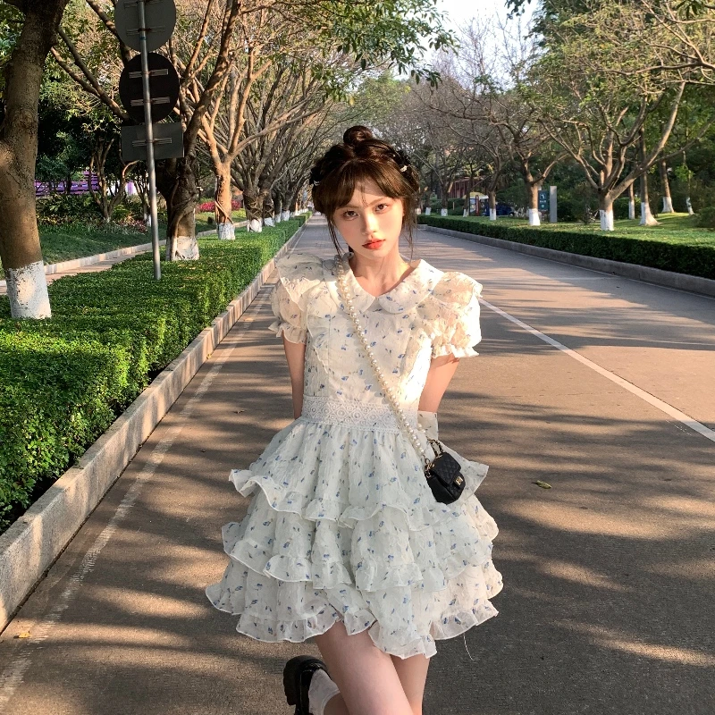 越韩小鱼 新品绿野森林气质仙女夏季法式小飞袖公主蛋糕蓬蓬裙