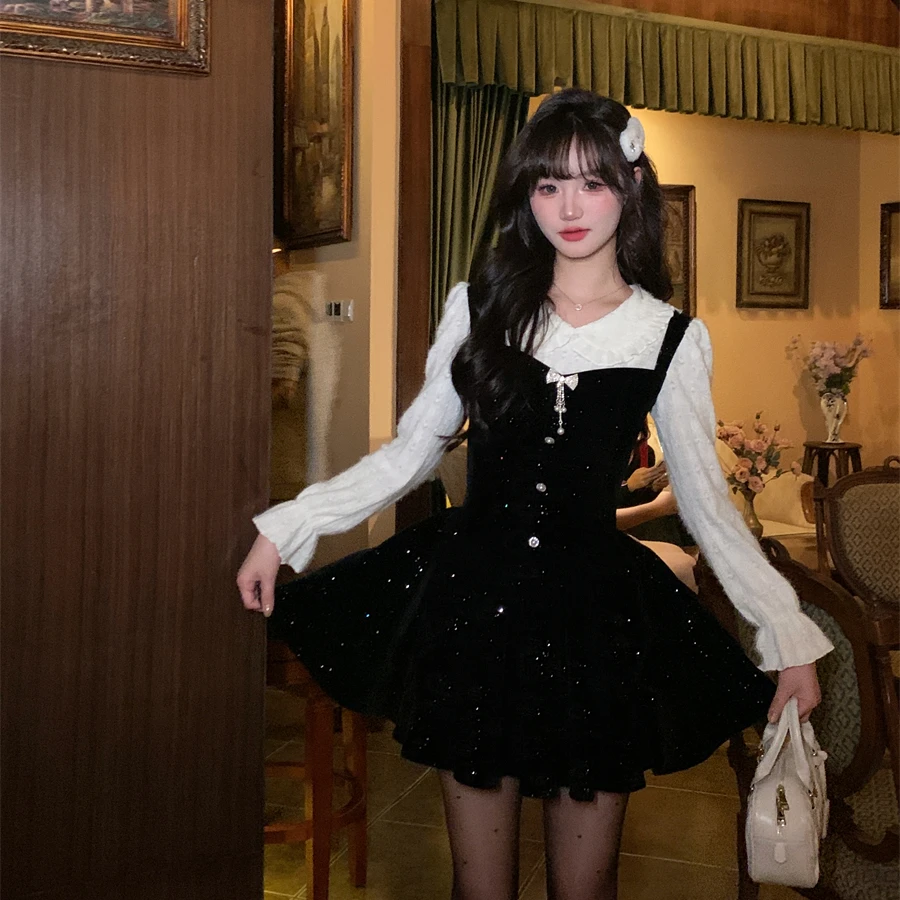 越韩小鱼 星光璀璨 细闪丝绒小黑裙女秋冬拼接假两件千金风连衣裙