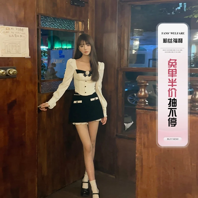【小李包X越韩小鱼】'人间珍妮 山茶花重工鱼骨收腰丝绒千金套装
