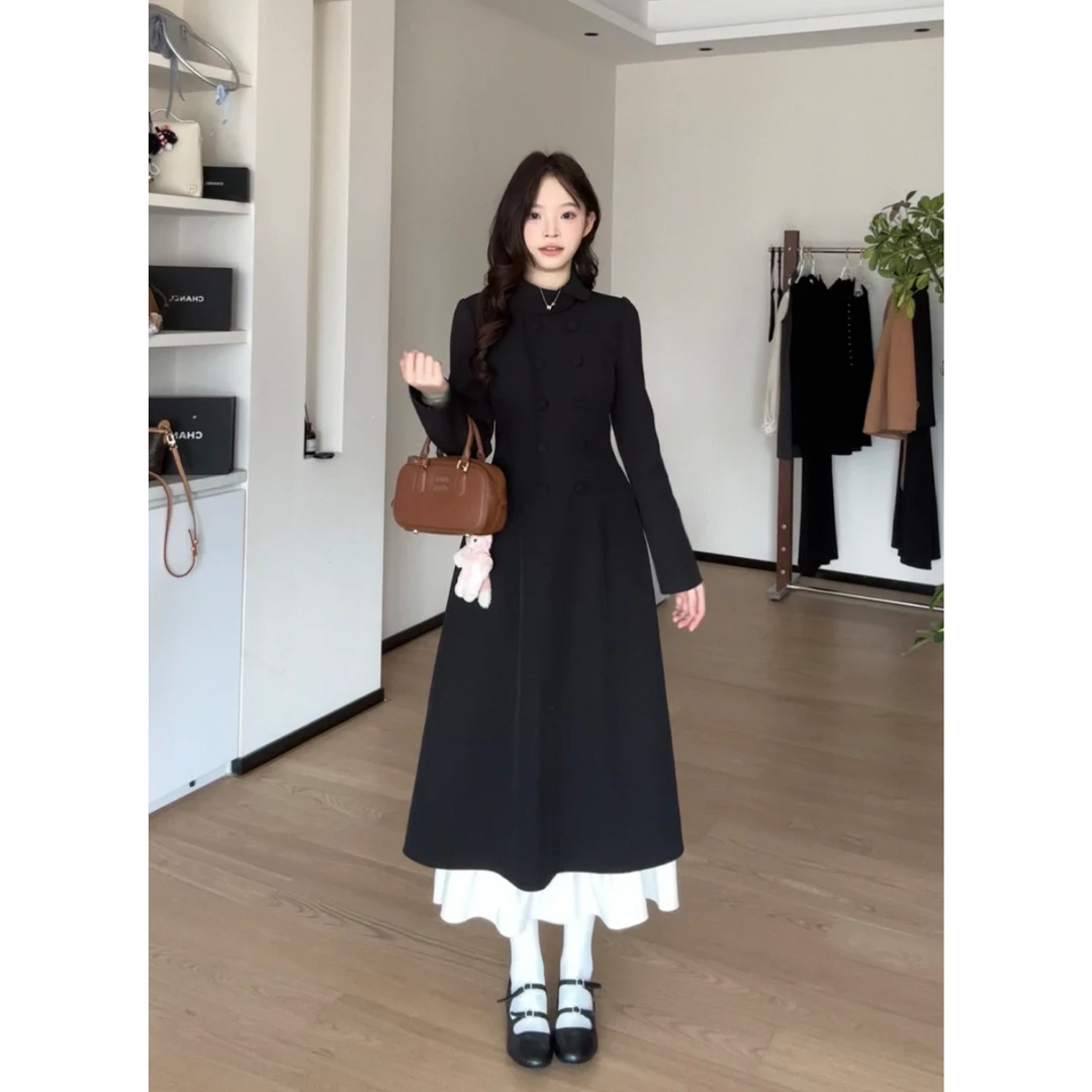 金川川 南法少女 韩系不规则领高级设计拼色显瘦收腰长袖连衣裙