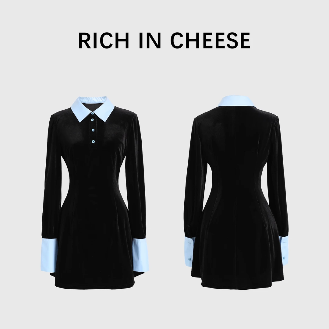 RICHINCHEESE 布鲁氏蓝 甜美气质收腰黑色假两件丝绒显瘦连衣裙
