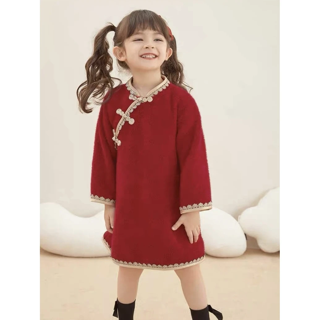 儿童唐装旗袍汉服龙年拜年服中国风加棉加厚冬装洋气加棉裙