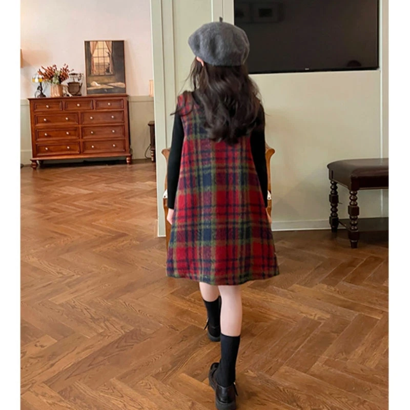 女童裙子背心裙2023新款秋冬季无袖格纹红色格纹中大童呢子母儿童