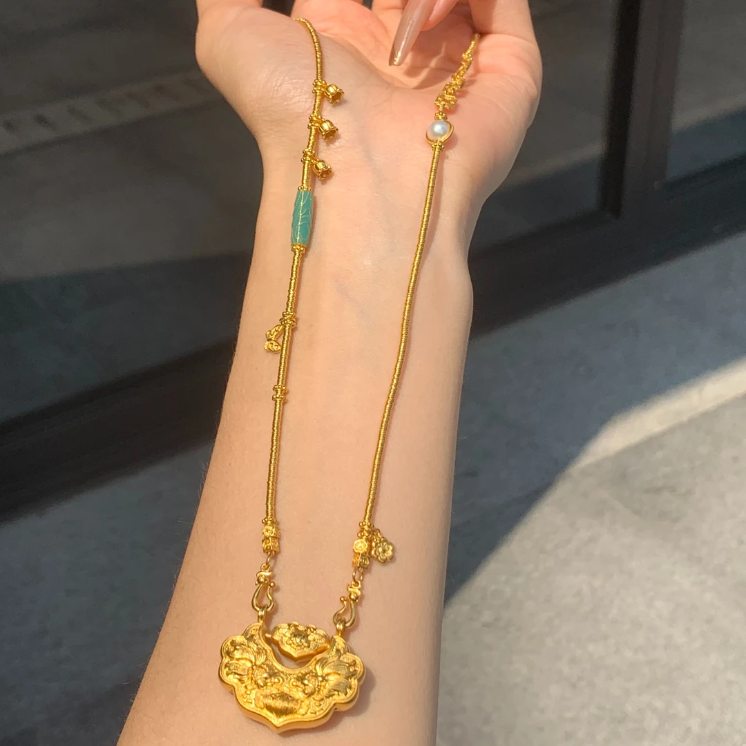 足金999高温烧蓝錾锦鲤锁套链