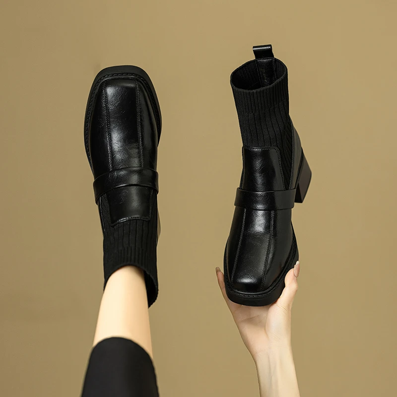 秋冬法式针织粗跟短靴女方头真皮高跟瘦瘦靴子黑色马丁靴弹力袜靴
