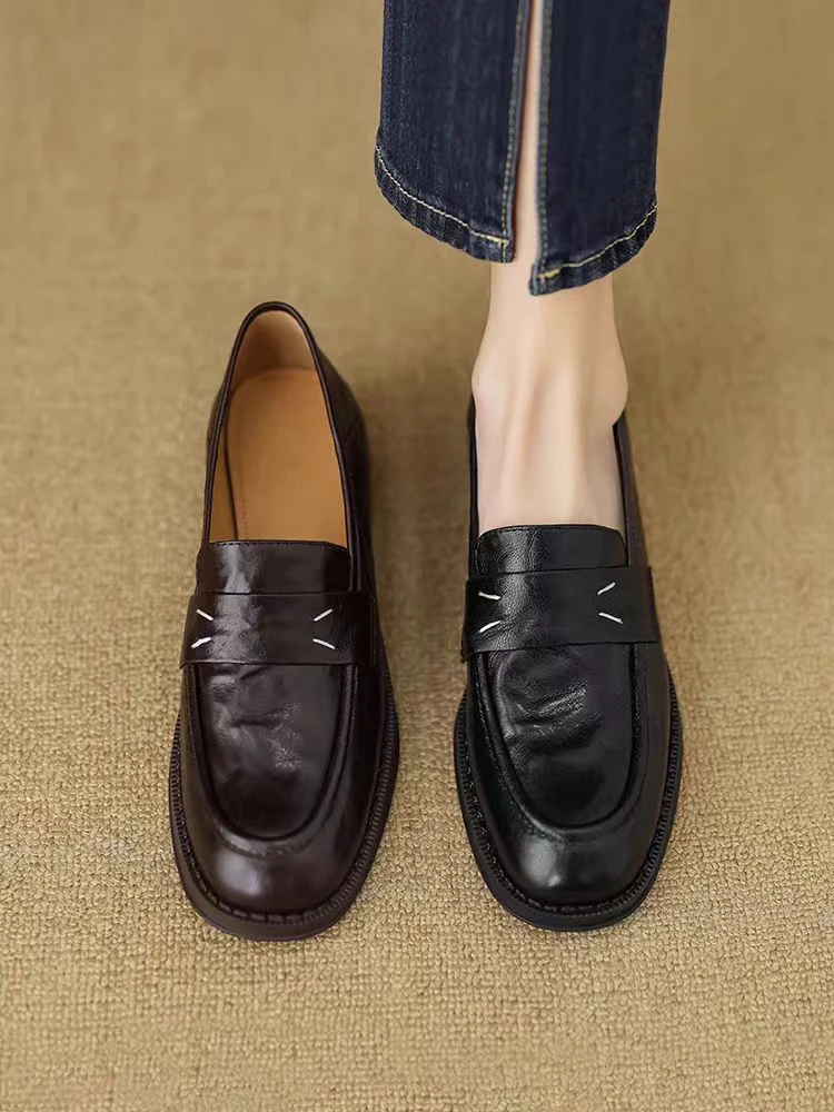 新款玛丽珍羊皮圆头乐福鞋女英伦风中跟粗跟真皮深口单鞋女软底