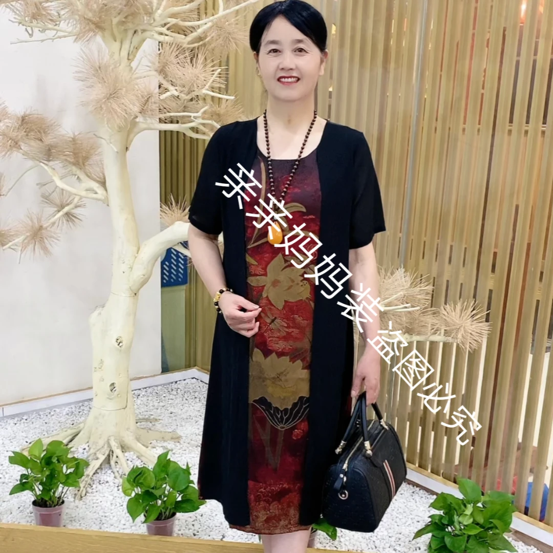 新款洋气妈妈装时尚百搭遮肚显瘦气质印花中长款圆领假两件连衣裙