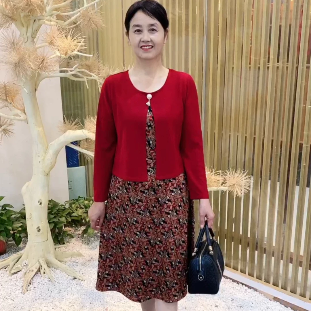 秋季新款时尚妈妈装省心穿搭百搭长袖假两件套中老年气质连衣裙