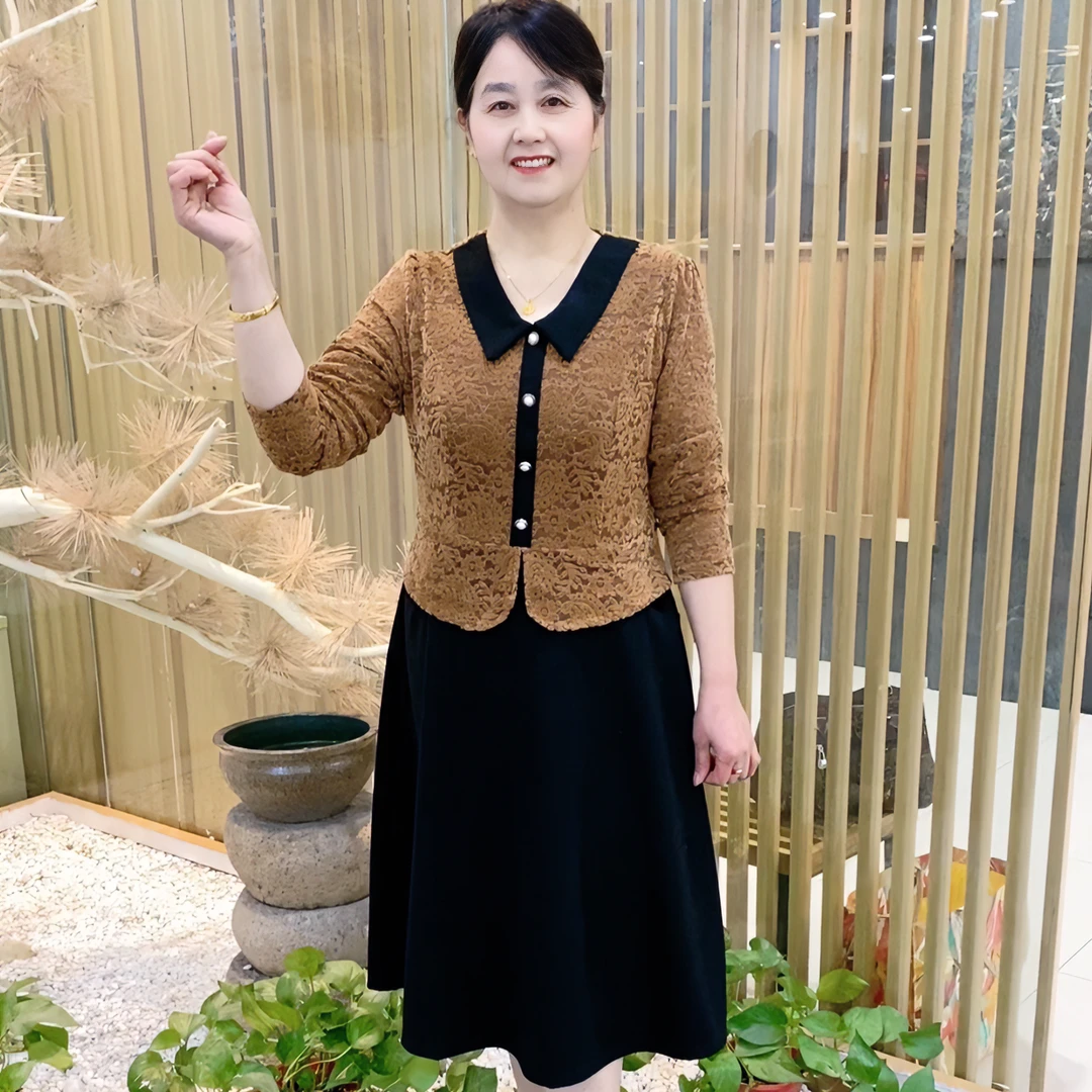 新款春秋妈妈装时尚气质母亲洋气衣服高贵减龄加厚中长款连衣裙