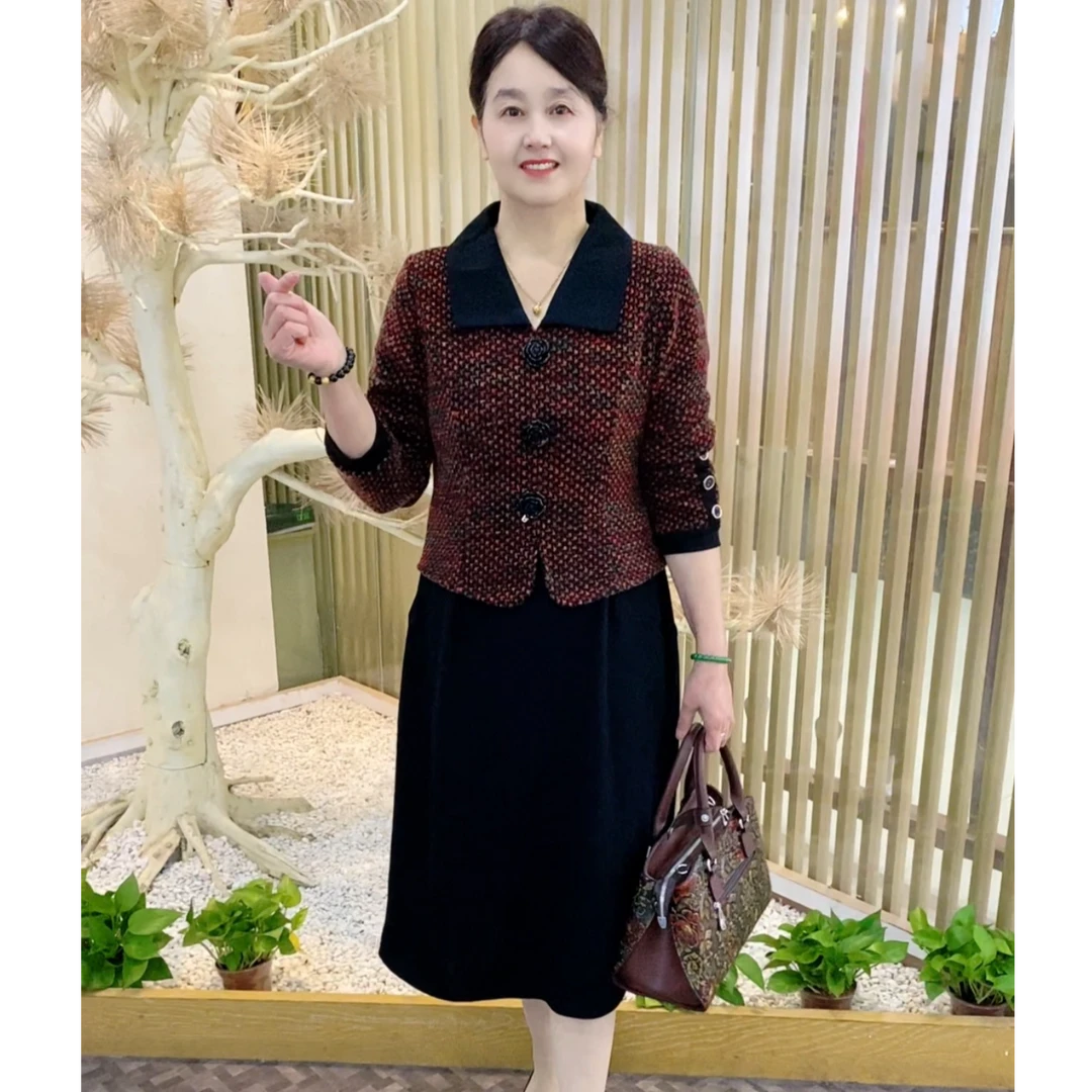 春季新款妈妈装时尚气质减龄显瘦加厚洋气长袖中长款拼接连衣裙