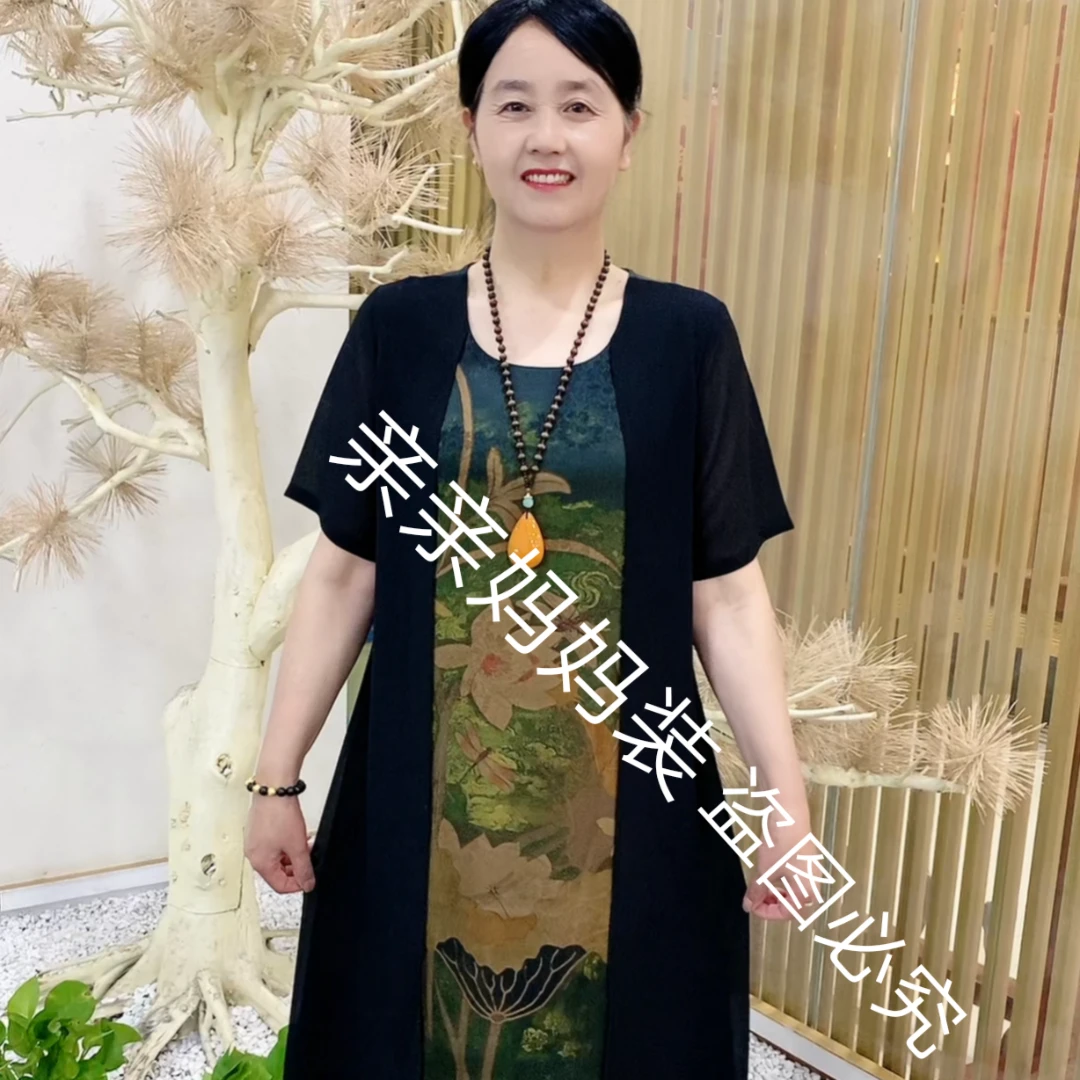 夏季新款妈妈装宽松时尚女士休闲显瘦遮肉百搭假两件套印花连衣裙