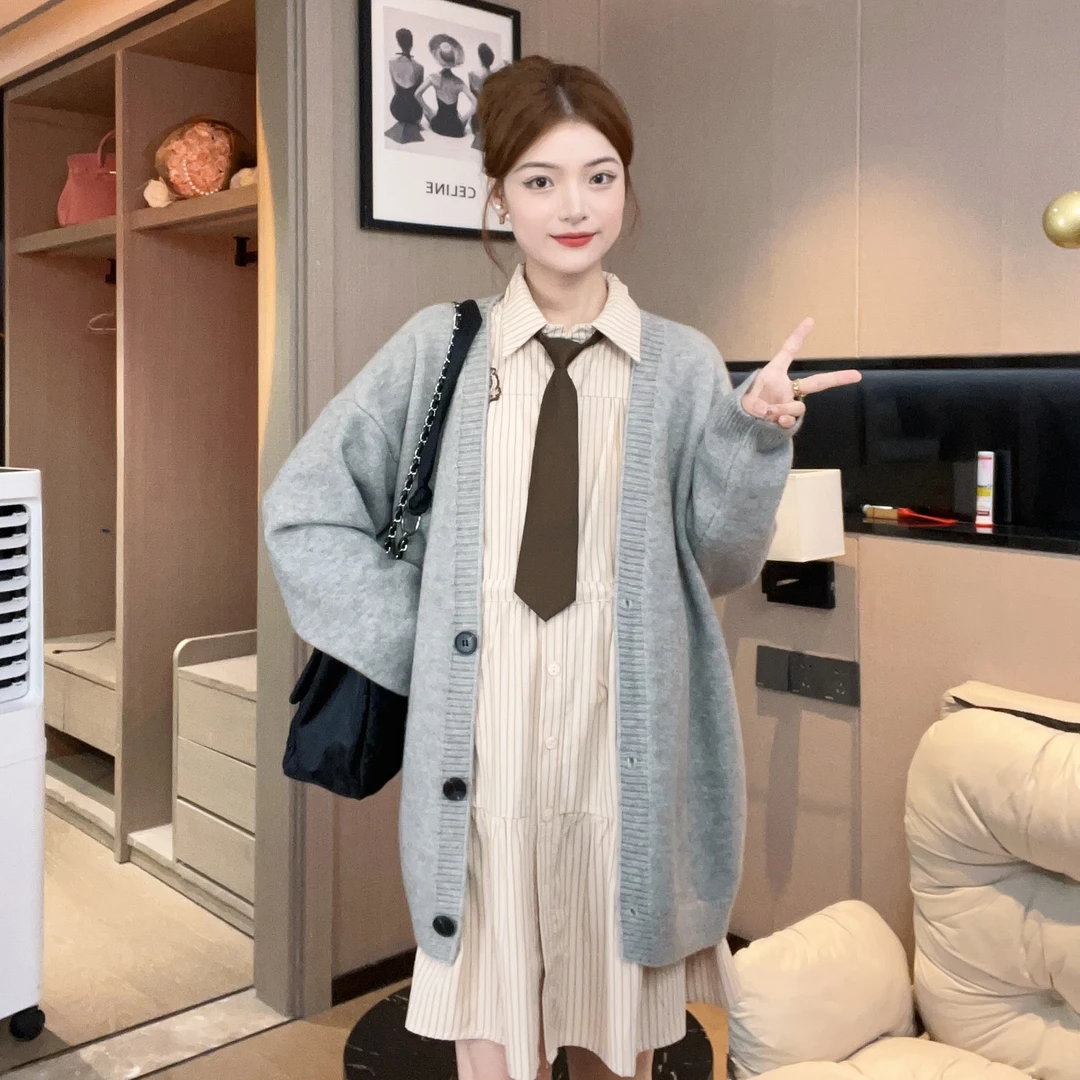 孕妇学院风条纹衬衫裙 P字母针织开衫 56488/56489