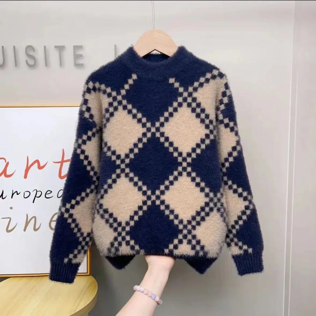 男童加厚毛衣冬季百搭圆领打底衫套头中大童上衣仿水貂绒针织衫