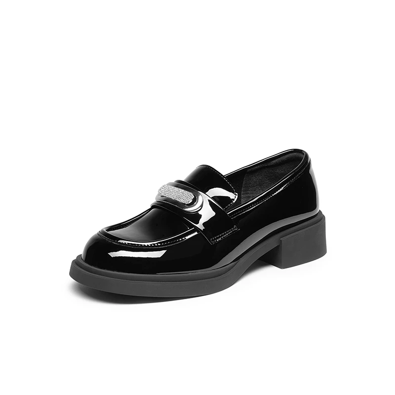 红蜻蜓黑色乐福鞋女一脚蹬女鞋厚底单鞋亮面小皮鞋猪腰子WFB34009