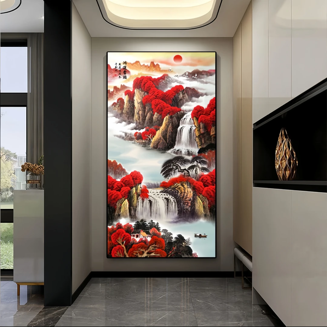 鸿运当头玄关装饰画新中式山水画竖版有山无水过道走廊尽头挂画