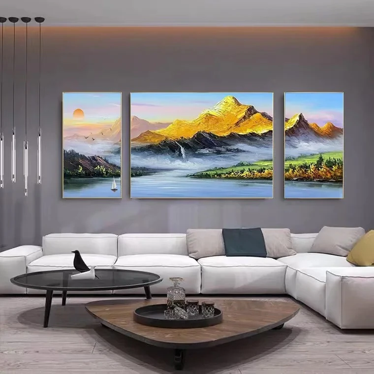 背靠金山手绘油画装饰画客厅三联画沙发背景墙新中式聚财风景挂画