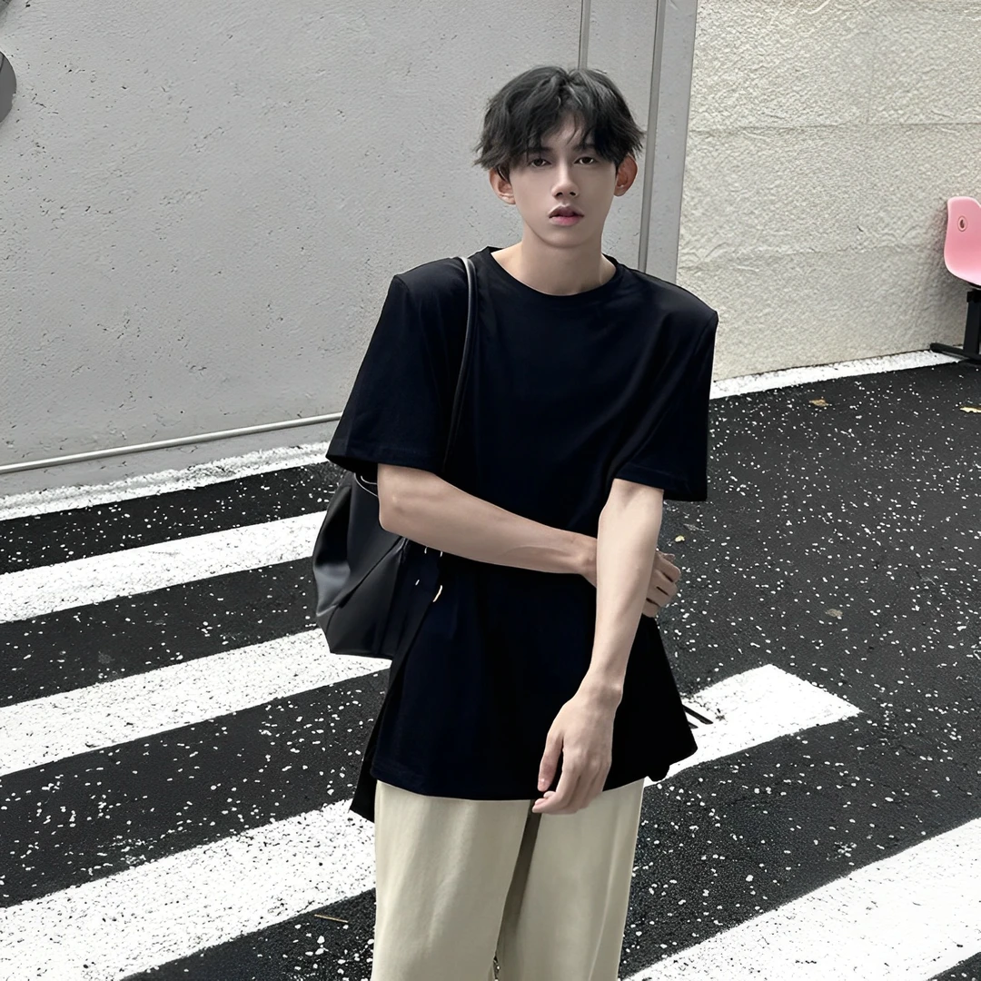 纯黑色垫肩t恤男320g重磅短袖廓形西装内搭五分袖高级感男装半袖