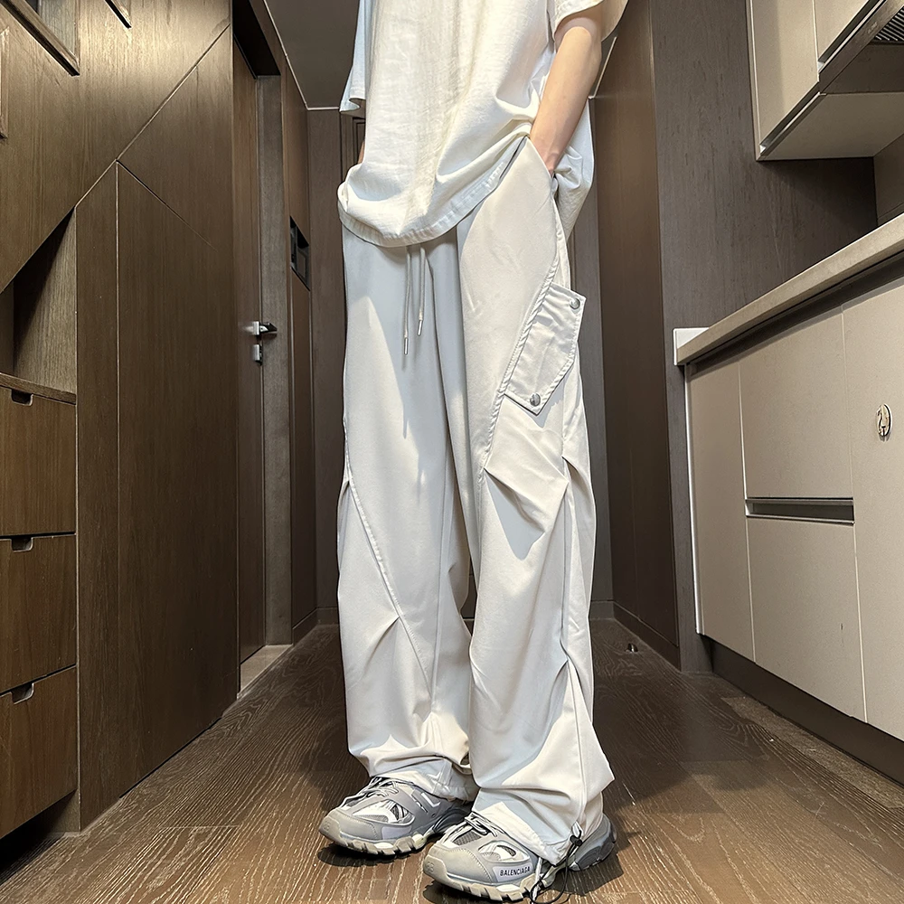 夏季冰丝凉感褶皱休闲裤直筒宽松阔腿坠垂感显瘦百搭工装休闲裤男