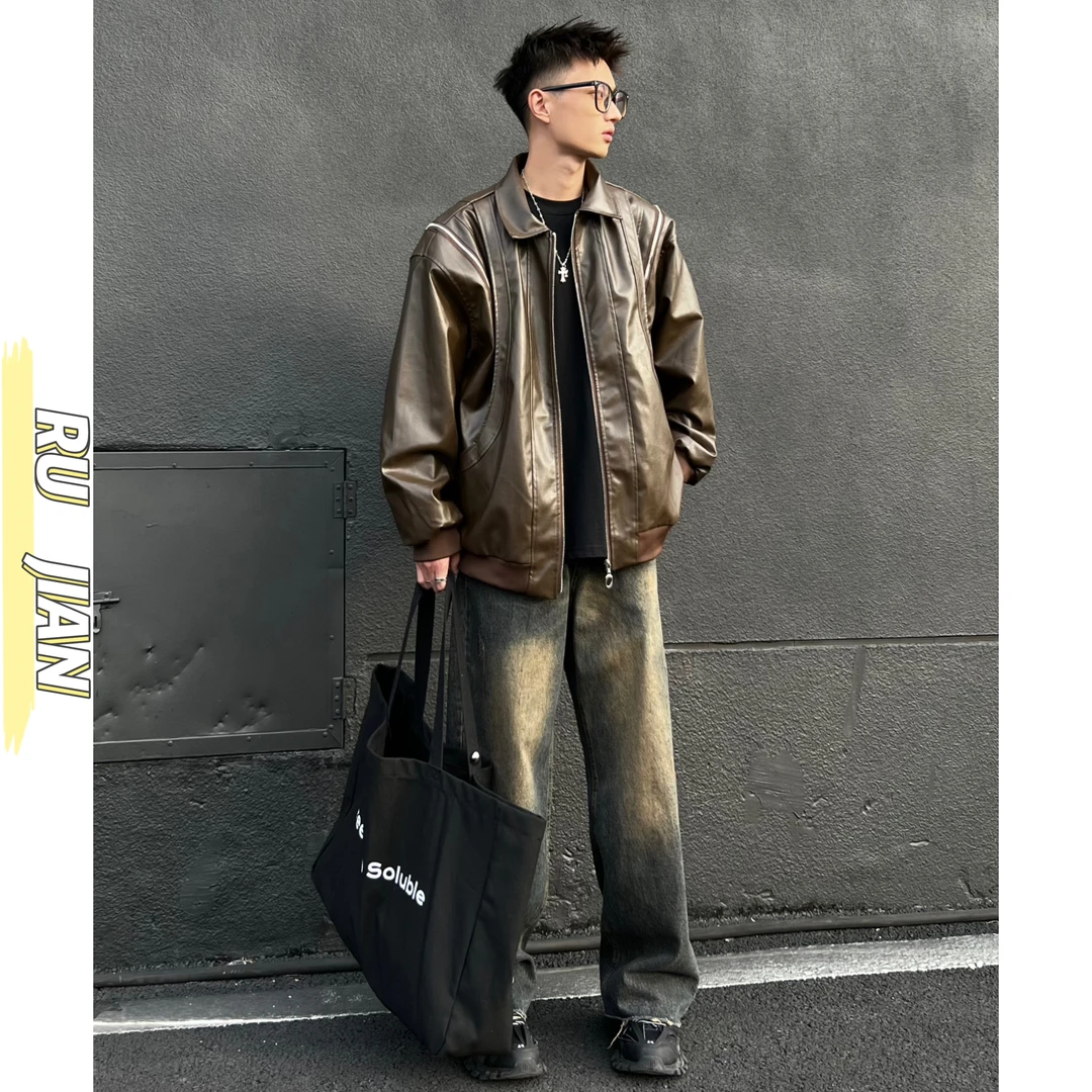 ins宽松皮衣男外套设计感春款美式街头潮PU皮夹克男士防水机车服