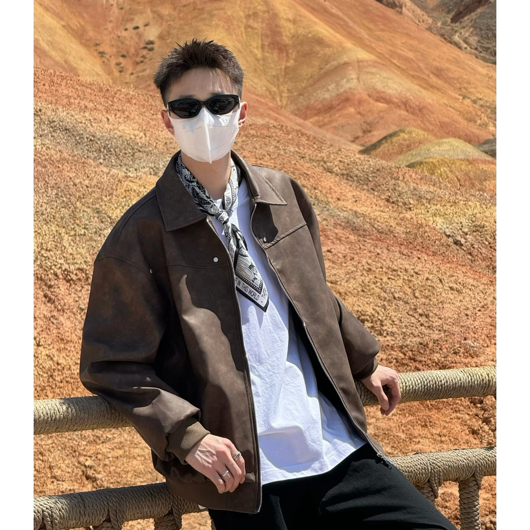 美式复古宽松皮衣男外套ins秋冬款潮PU翻领皮夹克男女防水机车服