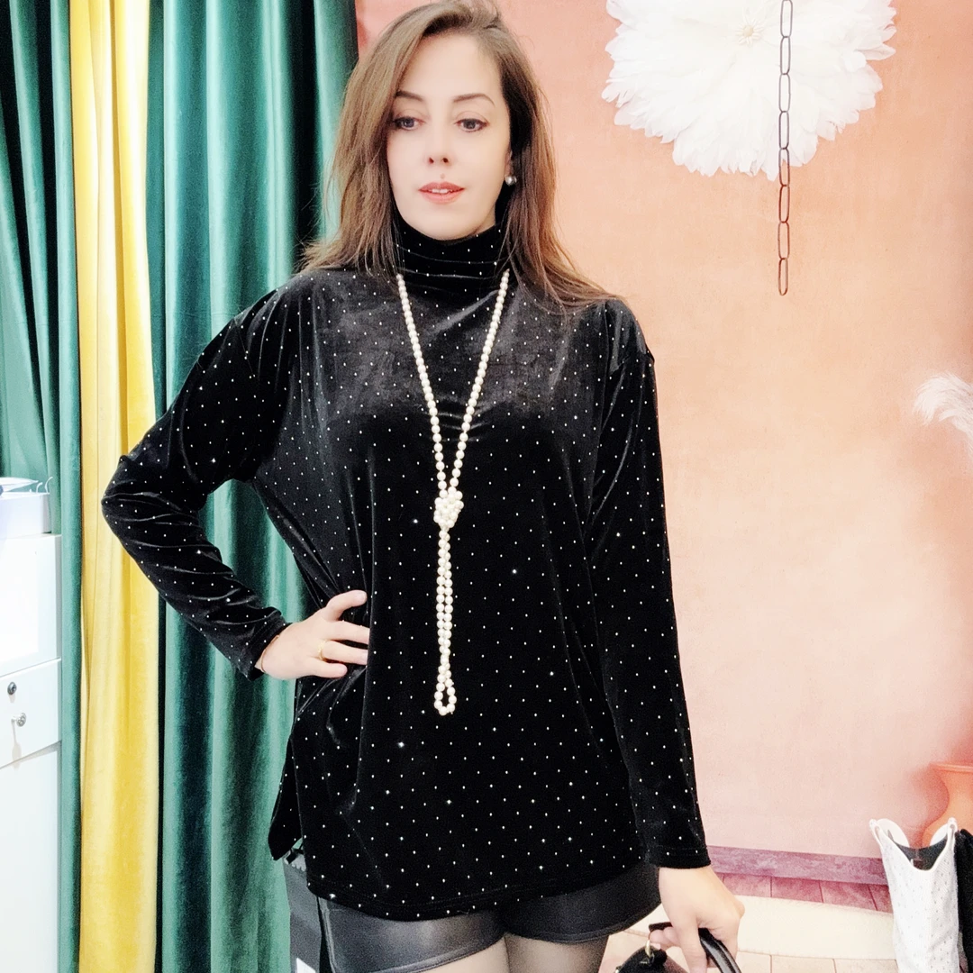 金丝绒带钻大版长款体桖大码时尚网红打底衫