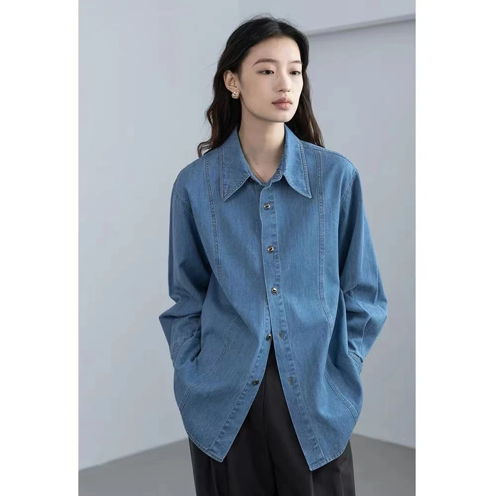 浅蓝色法式复古宽松牛仔衬衫外套女秋装新款港风小众衬衣叠穿上衣