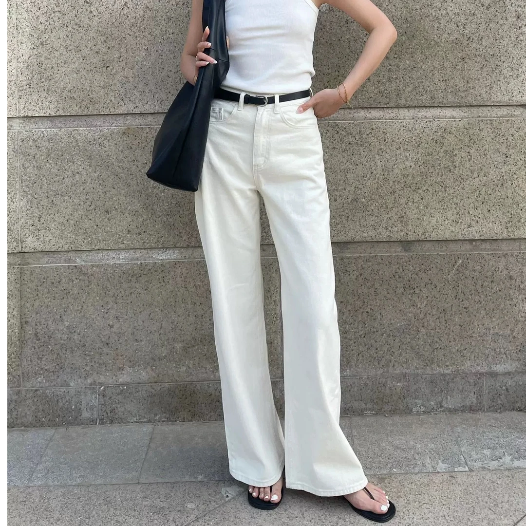 白色单扣窄版阔腿裤阔腿裤修身牛仔裤女百搭