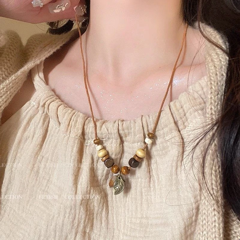 非金属木质吊坠 新中式手工编绳干果吊坠项链复古锁骨链配饰