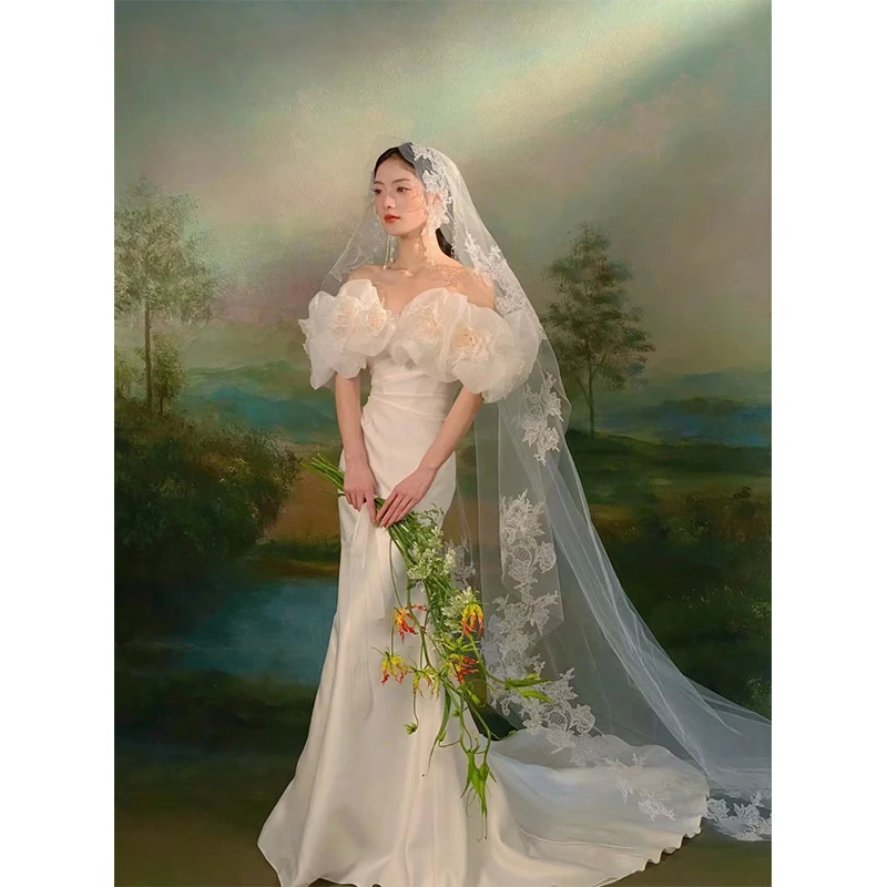 沫朵薇唯美蕾丝新娘森系头纱主婚纱复古长拖尾结婚造型影楼拍摄