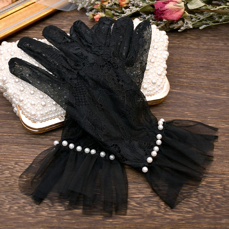 优雅唯美结婚礼服手套新娘优雅复古蕾丝手套影楼珍珠拍照道具配饰