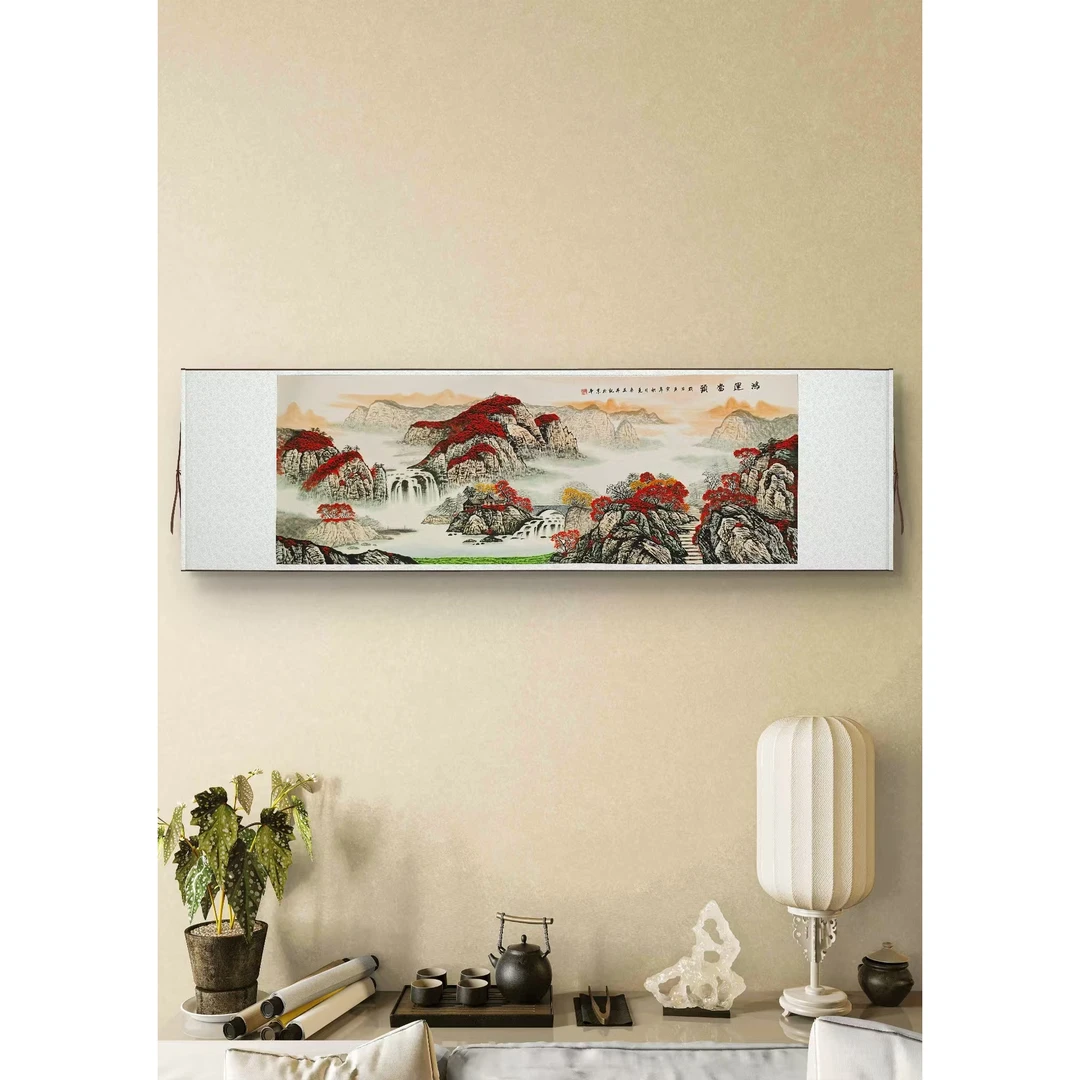 《鸿运当头》青色画家庭客厅装饰现代画玄关挂画六尺横幅72x210 L2