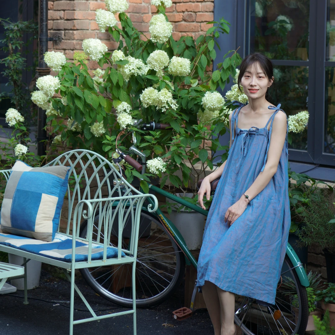 『靑一草木』植物染手工亚麻文艺复古国风宽松连衣裙