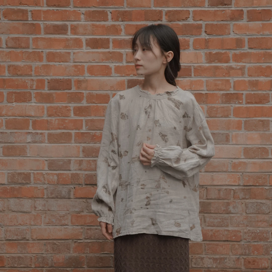 『靑一草木』手工植物热转印染秋季宽松圆领文艺长袖衬衫