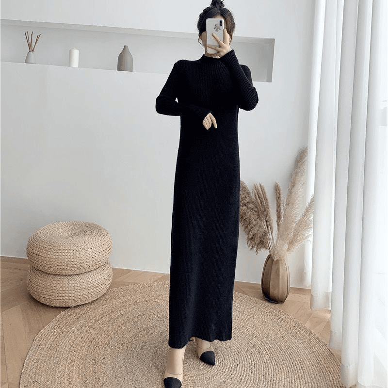 半高领打底内搭毛衣裙长裙女2023秋冬韩版新款超长款针织连衣裙厚