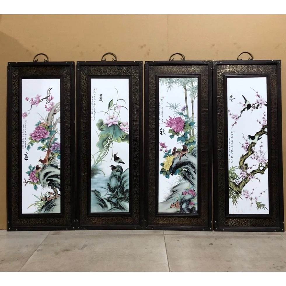 红木镶铜皮瓷板画《春夏秋冬》挂屏一组景德镇陶瓷高档复古时尚挂屏