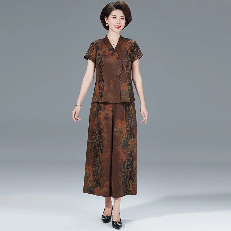 2023夏季短袖开衫休闲套装阔腿裤气质洋气显瘦夏季阔腿减龄妈妈装