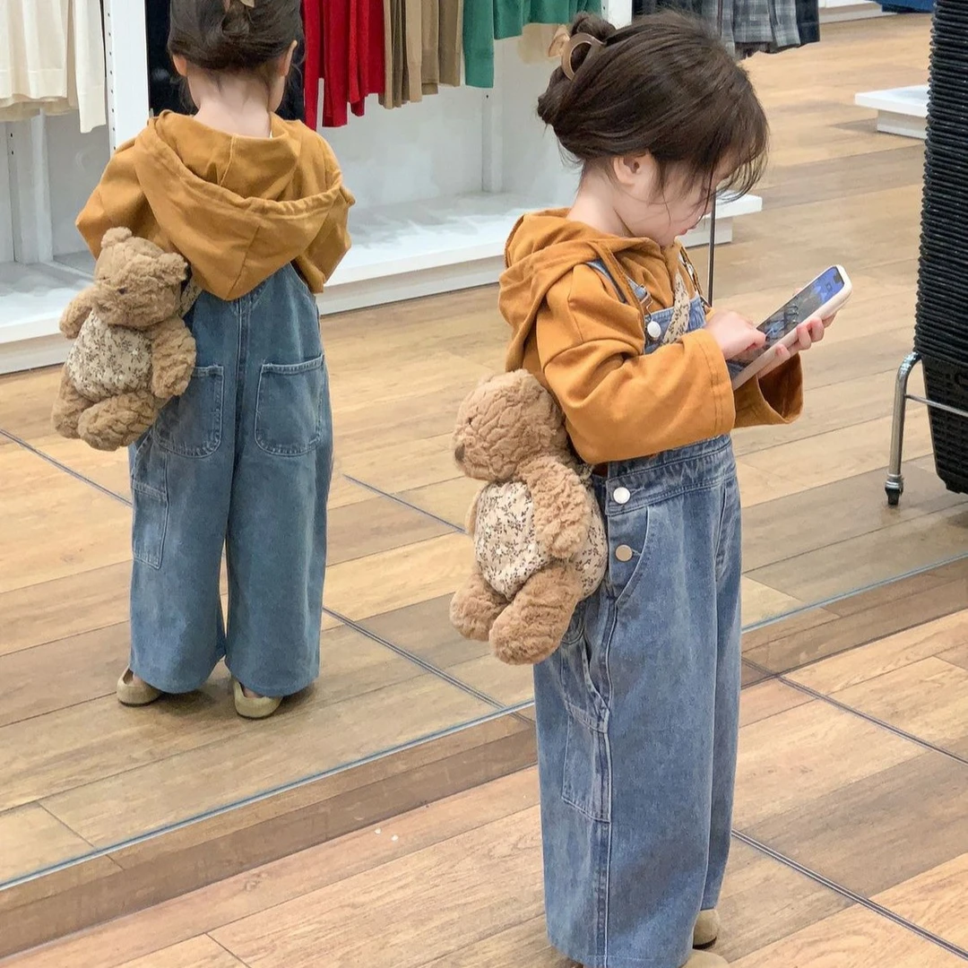 女童休闲牛仔背带裤阔腿裤连帽卫衣套头帽衫上衣女宝宝背带裤时尚