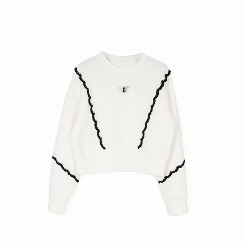 【花边拉条】24年秋季新款花边拼接休闲气质百搭女士圆领长袖卫衣