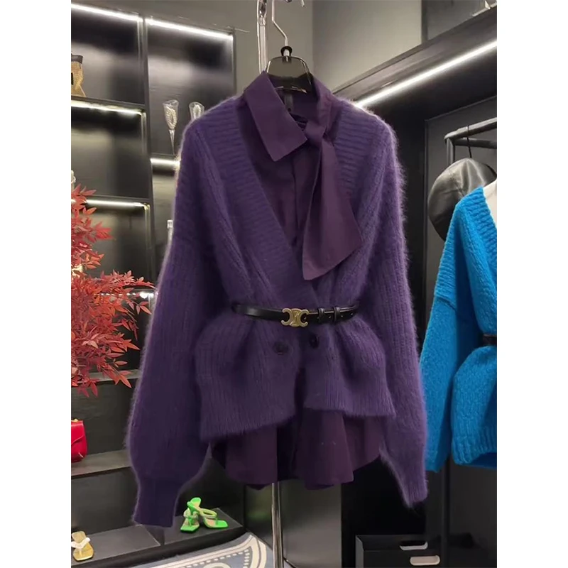 紫色时尚气质高级套装女2026秋季新款设计感衬衫软糯V领毛衣外套