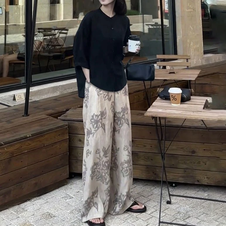 七分袖圆领薄款防晒衬衫女高腰宽松休闲显瘦百搭长裤夏季新款套装