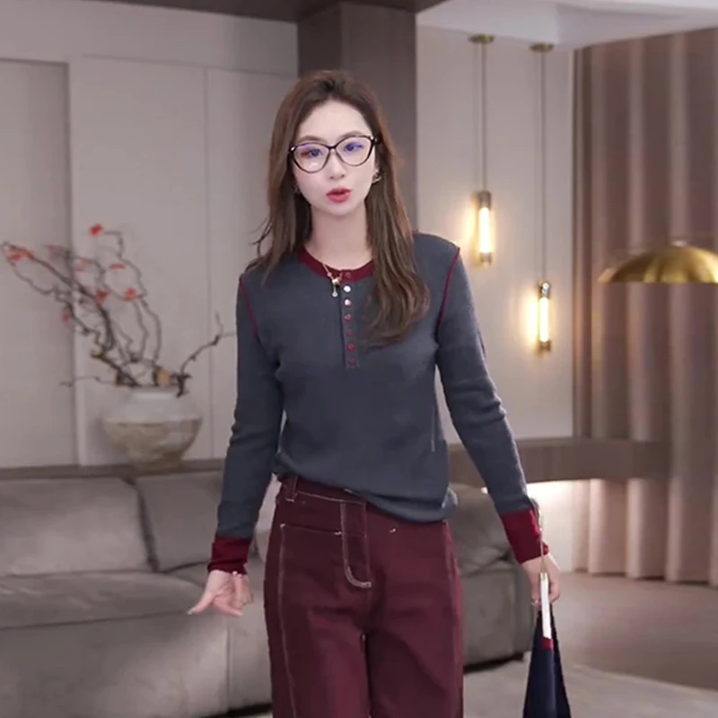 拼色圆领长袖t恤2025新款女装秋季修身设计感明线打底衫百搭上衣